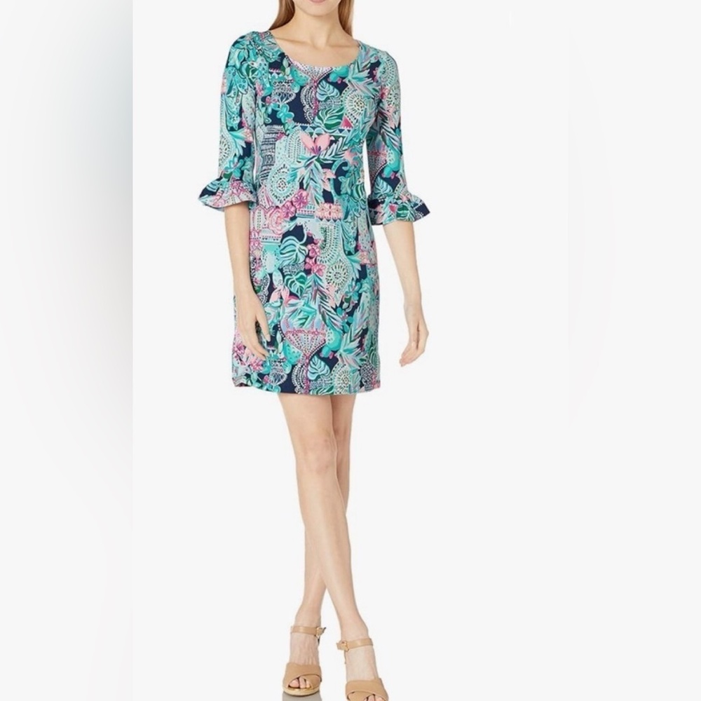 Lilly Pulitzer EUC UPF 50+ Sophie Ruffle Dress, Blue Multi Lookin Sharp, XS